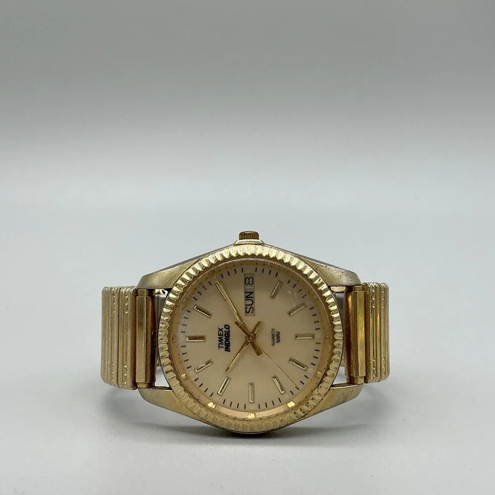 Vintage Timex Indiglo WR 30M Mens Watch 34mm Gold Tone Day Date New Battery